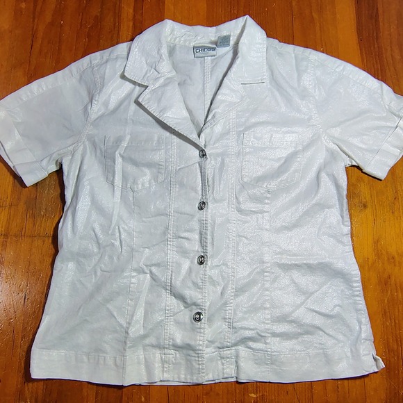 Chico's Tops - Chicos White Linen Cotton Blend Short Sleeve Button Up Shirt Size 1 Metallic